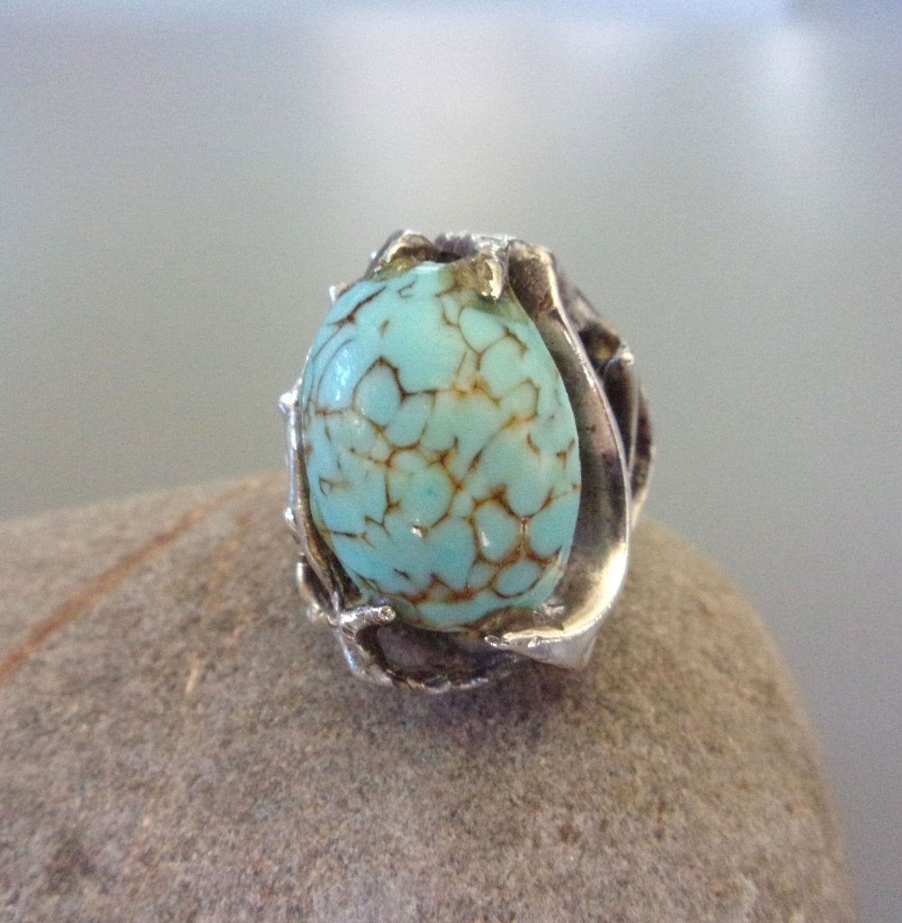 Vintage handgemaakte zilveren ring van Taxco in Mexico, Gebruikt, Blauw, Ophalen of Verzenden, Met edelsteen