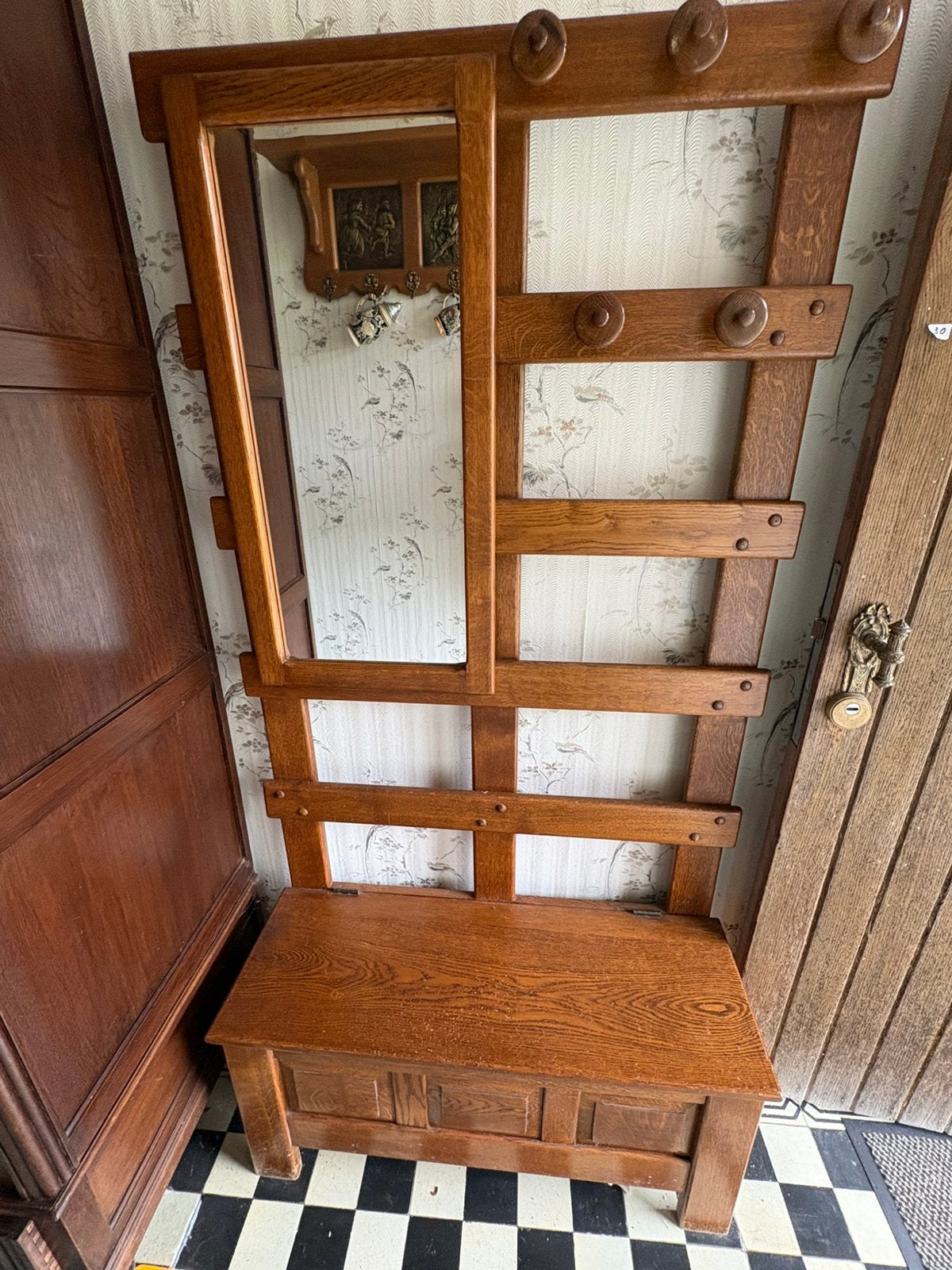 Houten kapstok met bank, eikenhout, Antiek en Kunst, Ophalen