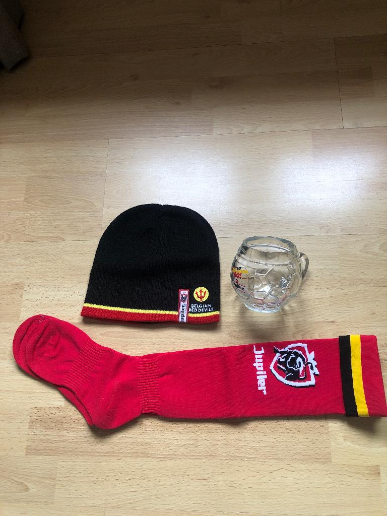 Rode duivels Jupiler muts, sokken bierglas, Verzamelen, Biermerken, Ophalen of Verzenden, Nieuw, Jupiler