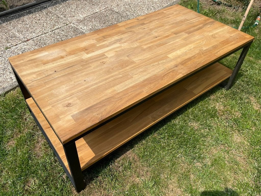 Salontafel – Hout & Zwart Metaal met onderblad, 100 à 150 cm, Enlèvement ou Envoi, Comme neuf, Chêne