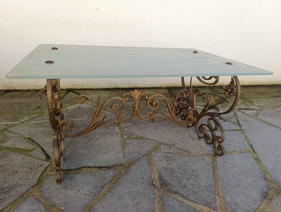 Smeedijzeren salontafel met glazen blad — 85 cm, Ophalen