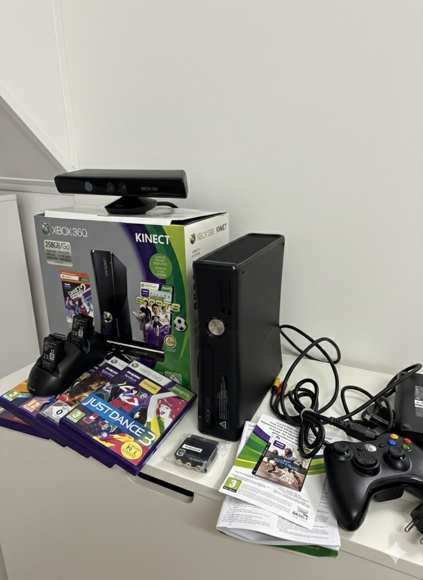 Complete Xbox 360 Slim 250GB Bundel – Kinect +gratis 5 games, Games en Spelcomputers, Ophalen, Zo goed als nieuw