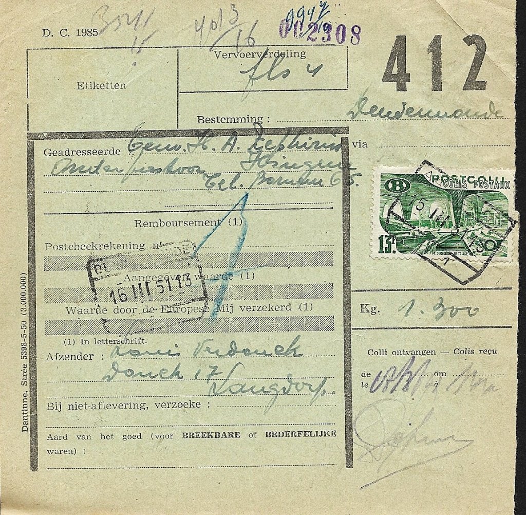 1951 - BELGIQUE - Document ferroviaire [Y&T 324] + TERMONDE, Oblitéré, Trains, Sans enveloppe, Affranchi
