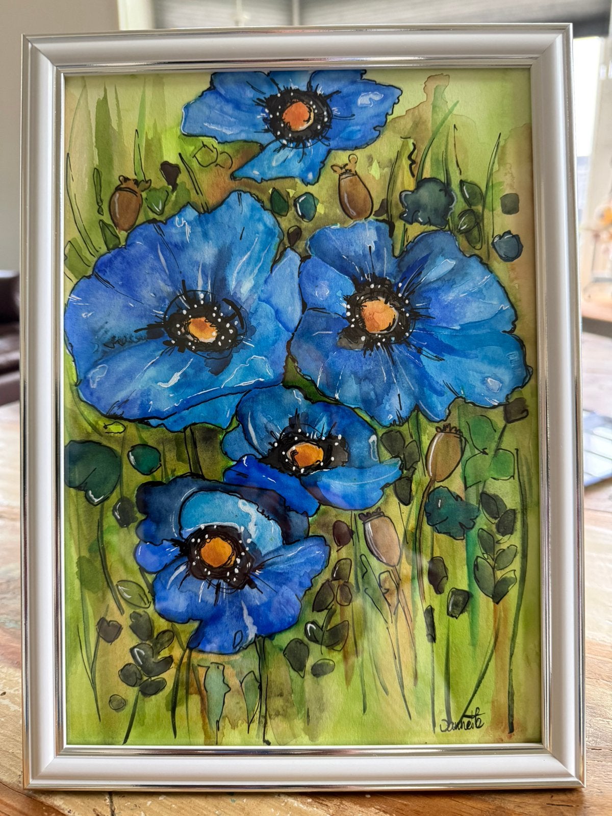 Aquarel in lijst Blauwe Papavers, Antiek en Kunst, Verzenden