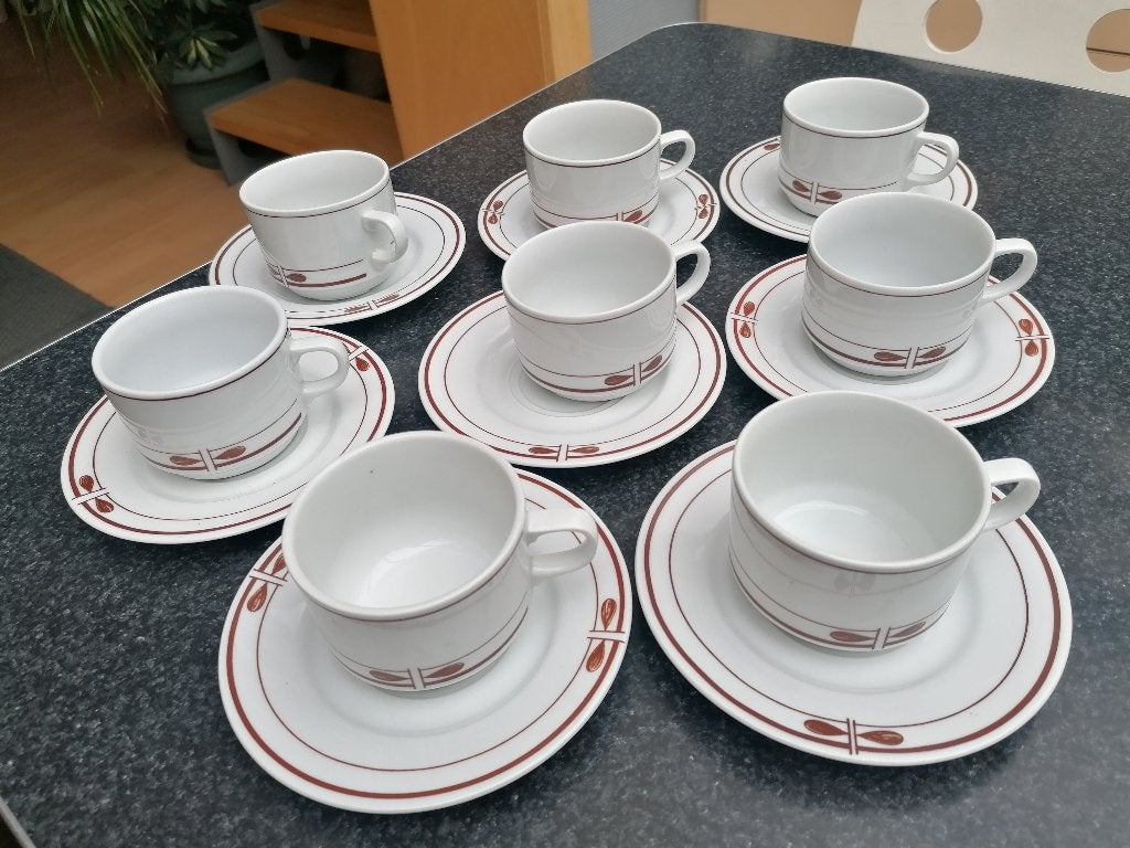8 koppen, schoteltjes, 6 borden servies Kahla, vintage, Gebruikt, Vintage, Ophalen of Verzenden, Bord(en)