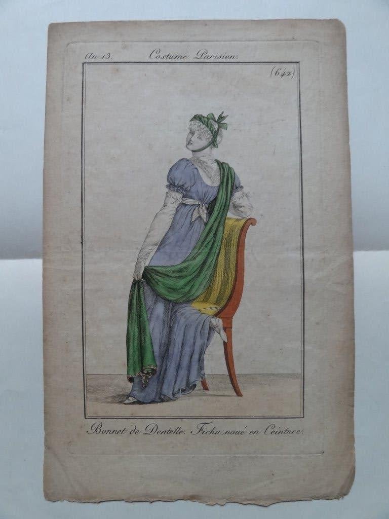 Bonnet de dentelle, fichu noué en ceinture, Vernet Horace, Antiquités & Art, Mode, Gravure, Signé, 1800 - 1899