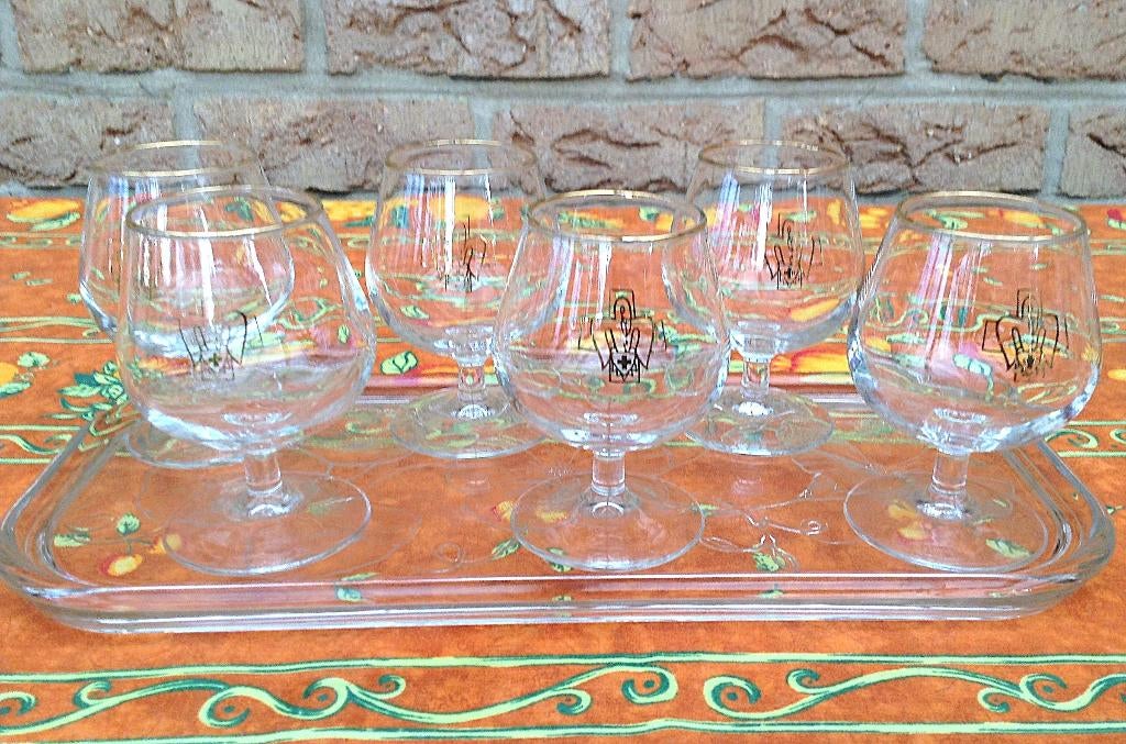6 verres à liqueur vintage avec logo religieux, Collections, Enlèvement ou Envoi, Comme neuf, Verres et Verres à shot