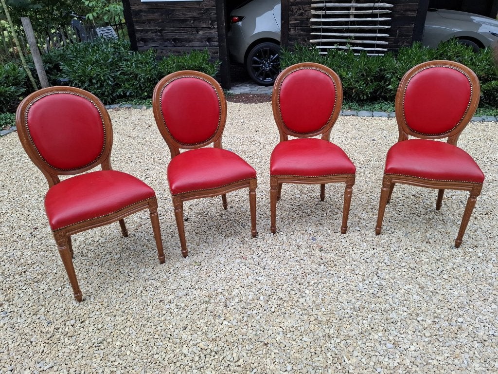 Set van 4 rood lederen medaillon stoelen, Huis en Inrichting, Ophalen, Gebruikt, Hout, Vier