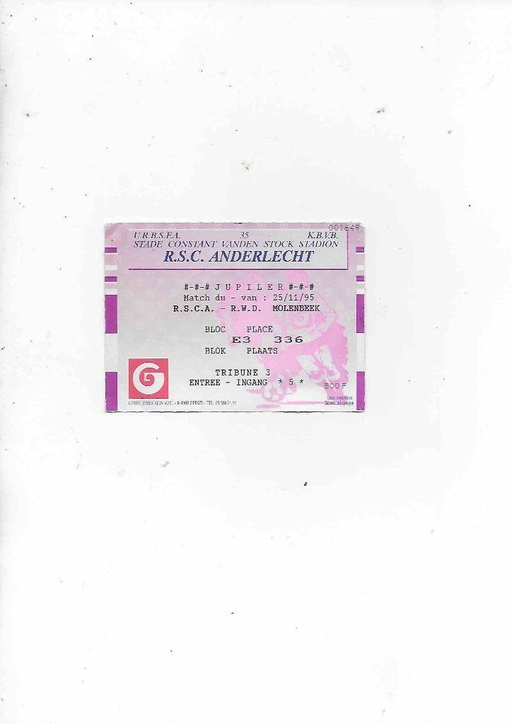 ticket anderlecht - rwdm  1995, Ophalen of Verzenden