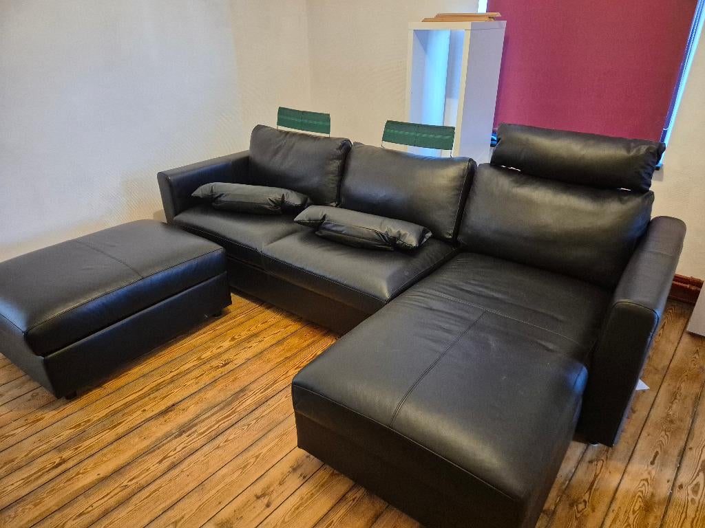 SALON CUIR NOIR + Repose pieds + Mécanisme clic-clac complet, Huis en Inrichting, Zetels | Complete zithoeken, Zo goed als nieuw
