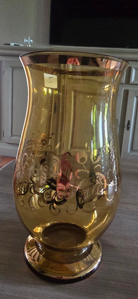 Vintage Amberkleurige Glazen Vaas met Goudkleurige Florale, Enlèvement