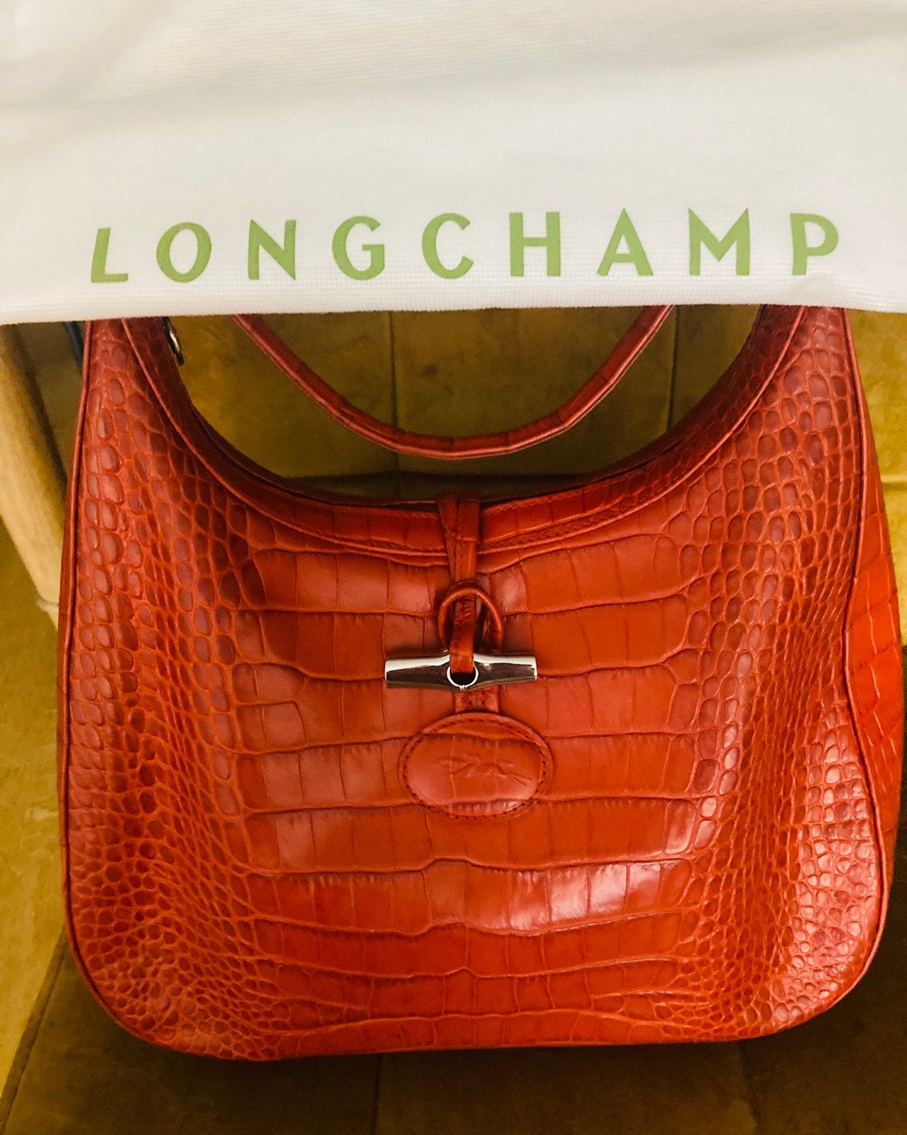 Sac cabas LONCHAMPS « Roseau »croco rouge vermillon, Enlèvement, Comme neuf, Rouge, Sac à main