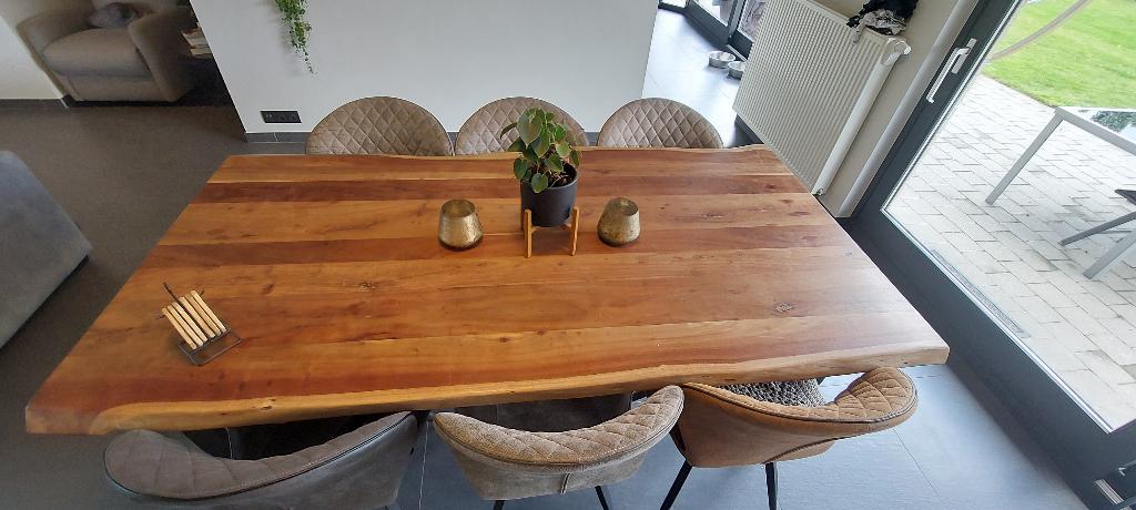 Eettafel industrieel acacia hout, Ophalen, 100 tot 150 cm, Industrieel modern, Zo goed als nieuw