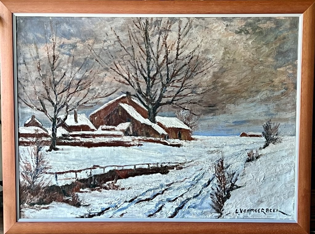 Louis Van Meerbeeck. Ferme sous la neige., Doek, Ophalen of Verzenden, Olieverf, Klassiek