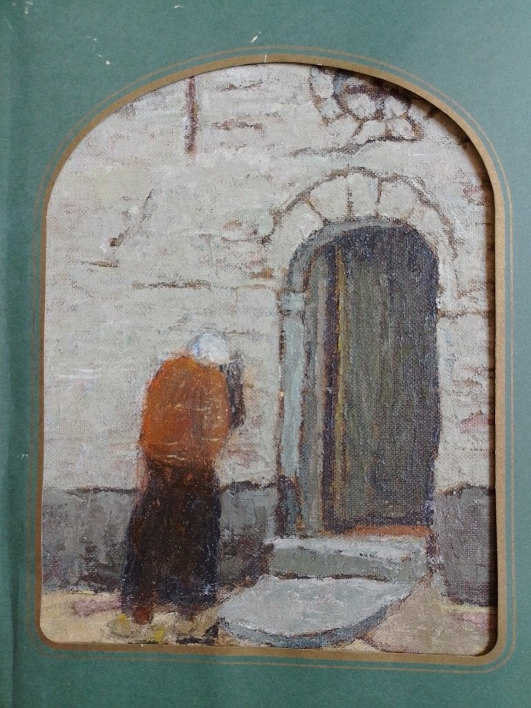 Auguste van Steenacker   1890 - 1965   Vrouw aan poort, Envoi, Signé, Panneau