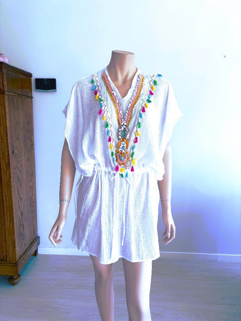 Witte boho tuniek elastische taille open zijkanten beachwear, Kleding | Dames, Blouses en Tunieken, Maat 38/40 (M), Verzenden