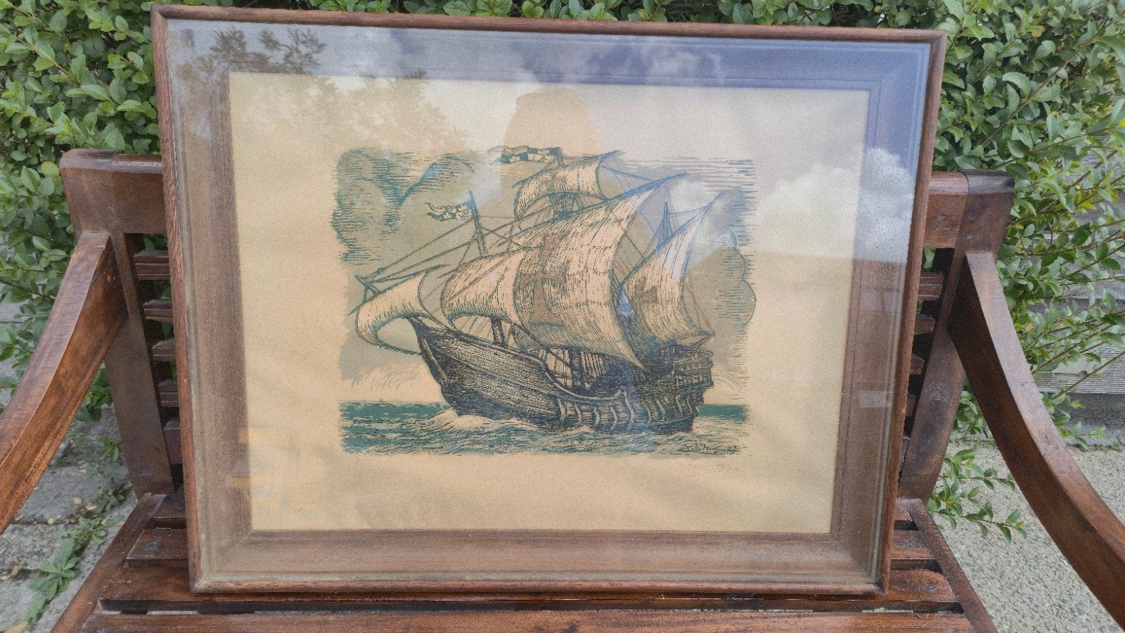 bateau à peinture/dessiner dans un cadre en bois avec verre, Enlèvement, Sous verre, Dessin, Maritime / eau