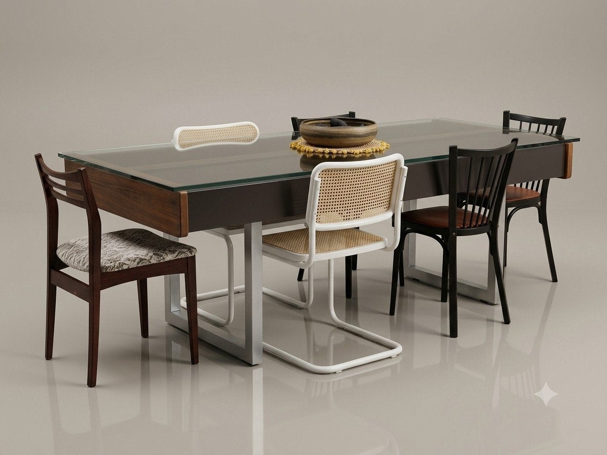 Vintage eettafel, hout/glas/aluminium/metaal, Huis en Inrichting, Ophalen, Vintage, 200 cm of meer, 50 tot 100 cm