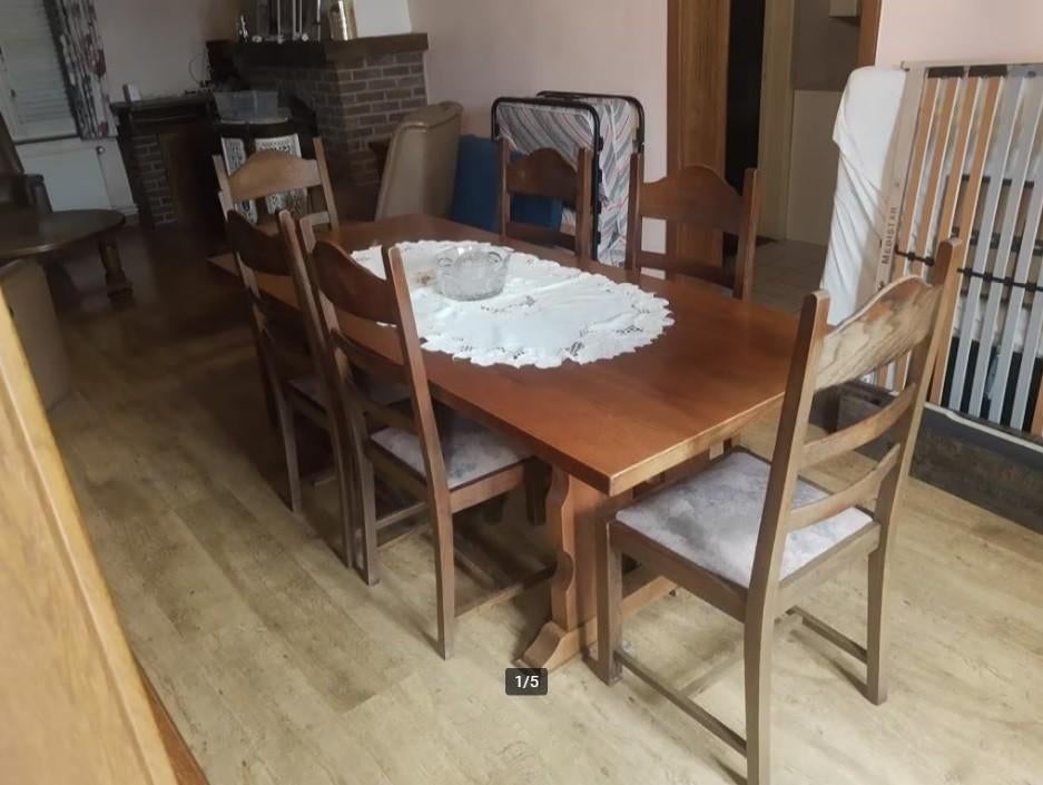 Eettafel + 6 stoelen – stevige houten set – bruin, Huis en Inrichting, Tafels | Eettafels, Ophalen, Gebruikt, 100 tot 150 cm, Vijf personen of meer