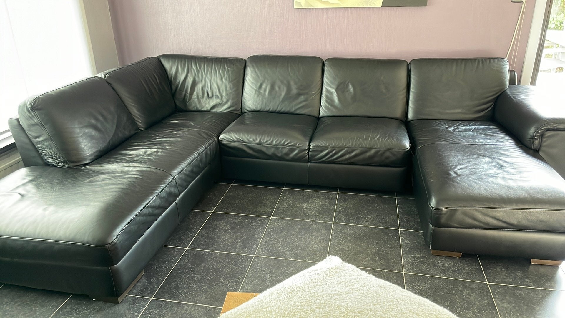 Zwart leren zetel van het merk Natuzzi. Bestaat uit 3 delen., Huis en Inrichting, Zetels | Zetels, Ophalen, Hoekbank, 300 cm of meer