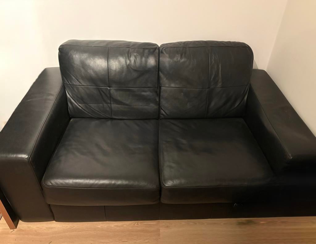 Zetel zwart lederen tweezit, Huis en Inrichting, Ophalen, 100 tot 125 cm, 150 tot 200 cm, Tweepersoons