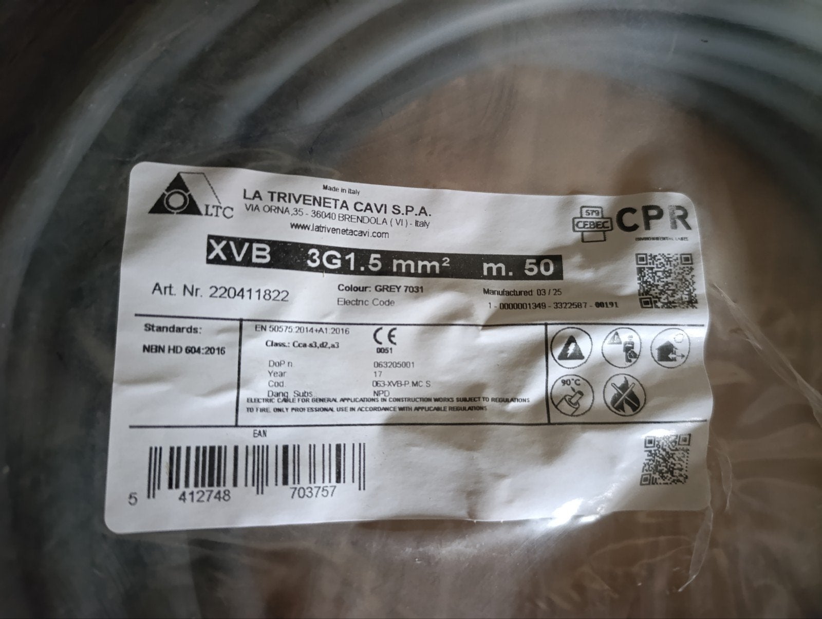 KABEL XVB 3G 1.5 MM 50 METER NIEUW, Doe-het-zelf en Bouw, Ophalen of Verzenden, Nieuw