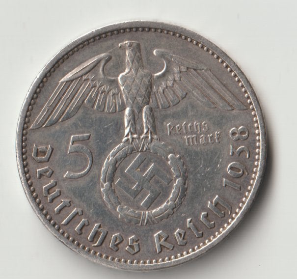 Germany 5 Reichmark 1938 A zilver nazi swastika, Ophalen of Verzenden, Losse munt, Zilver