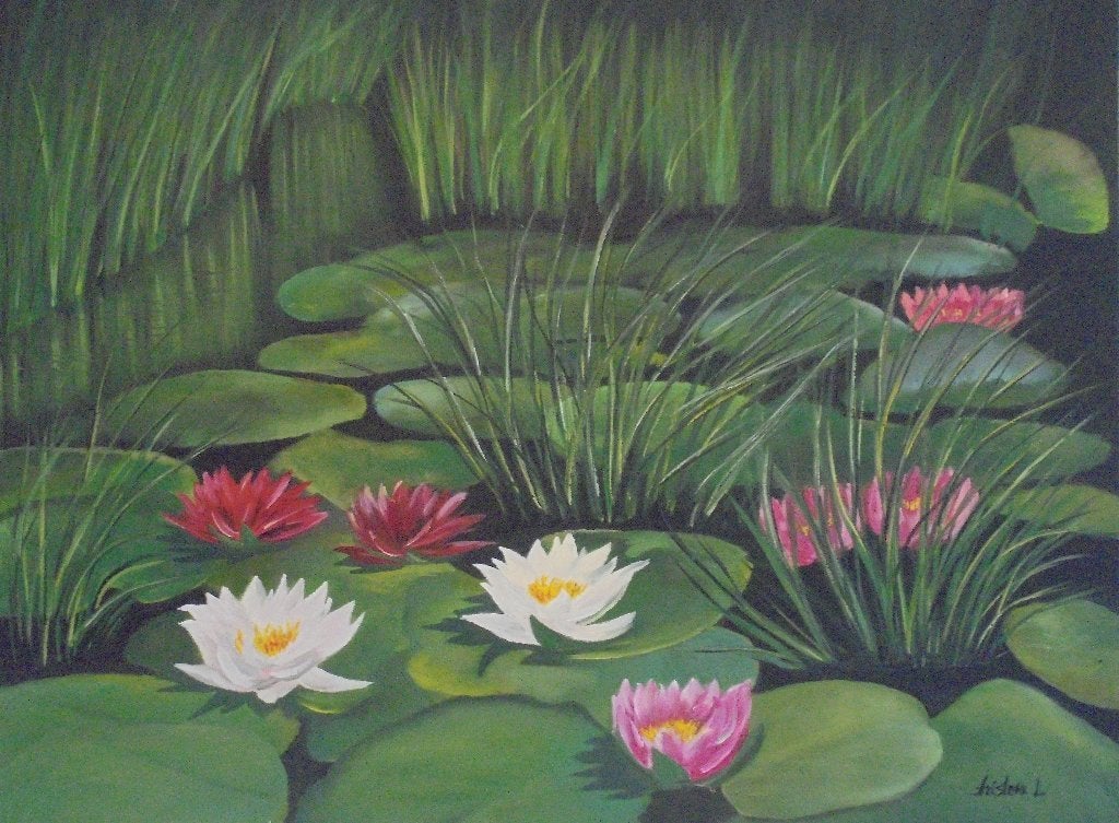olieschilderij water lelies (60x80 cm), Antiek en Kunst, Maritiem / water, Doek, Ophalen of Verzenden, Olieverf
