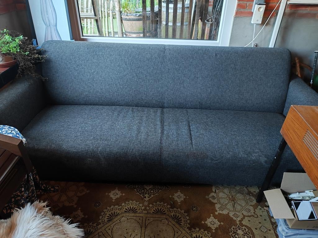 Grote grijze stoffen zetel voor 4 personen, Ophalen, Gebruikt, 100 tot 125 cm, Rechte bank