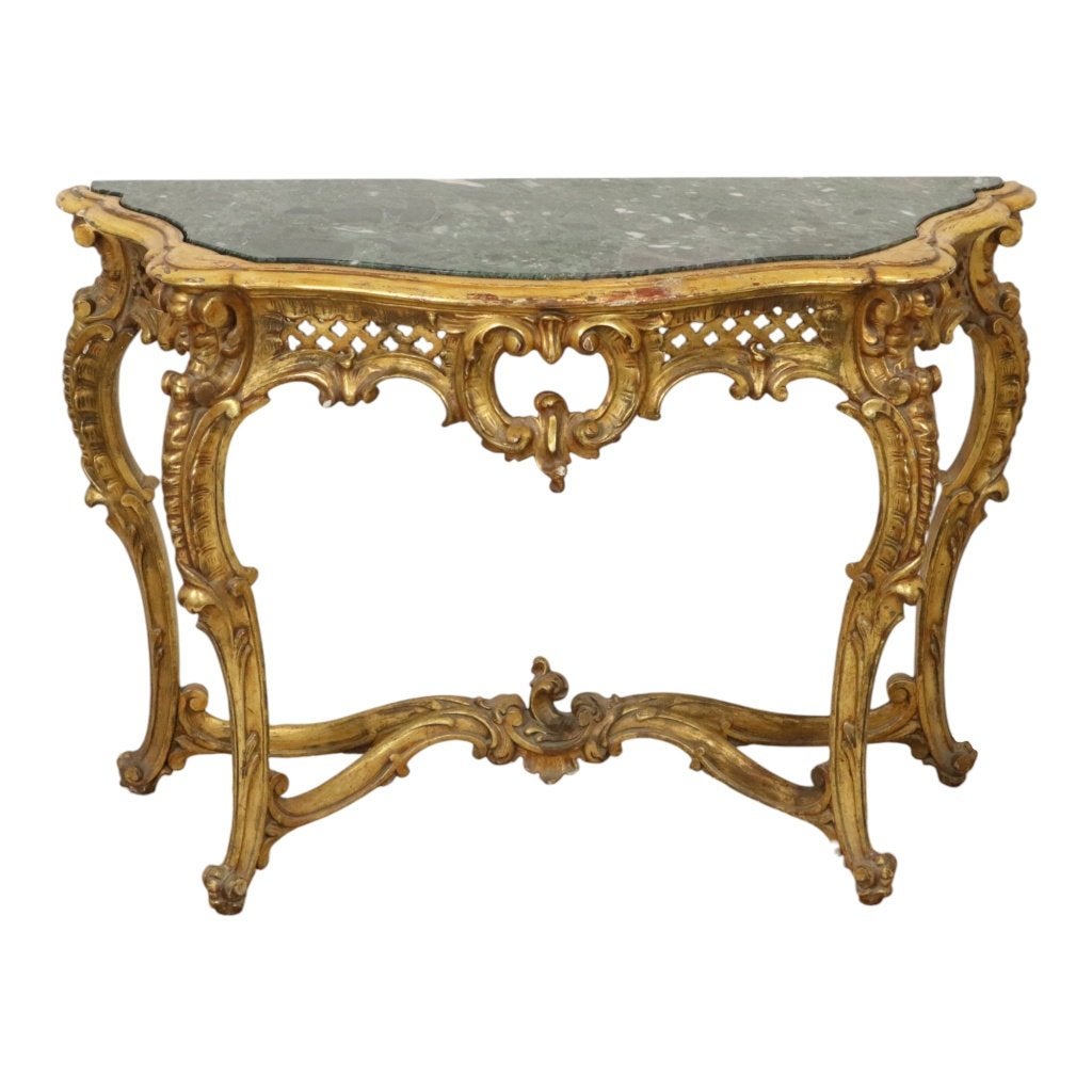 Franse Louis XV Stijl Console Bladgoud Hout en Marmer, 100 à 150 cm, 25 à 50 cm, Enlèvement, Utilisé