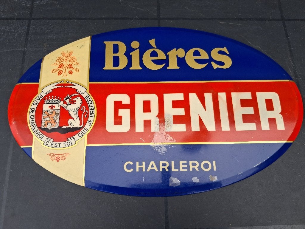 BIERE GRENIER CHARLEROI  glacoide 1953, Ophalen of Verzenden, Gebruikt, Reclamebord