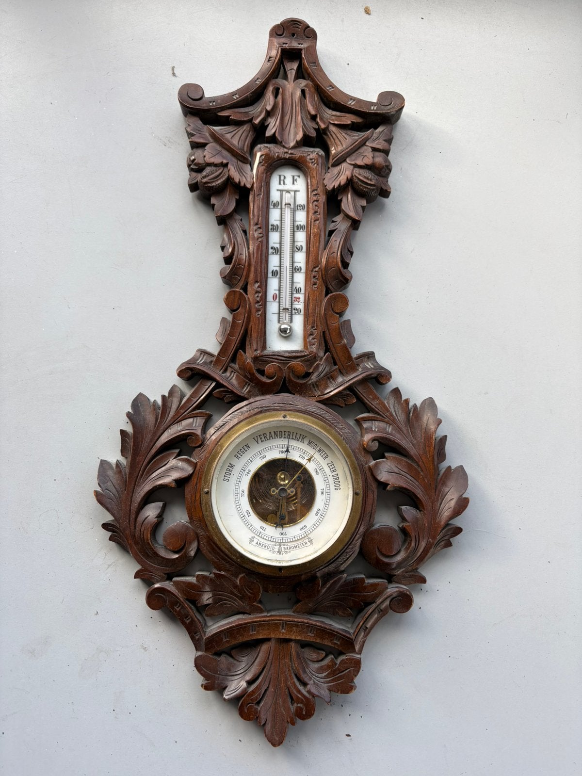 Antieke aneroïde barometer met thermometer houtsnijwerk, Verzenden, Gebruikt, Weerstation