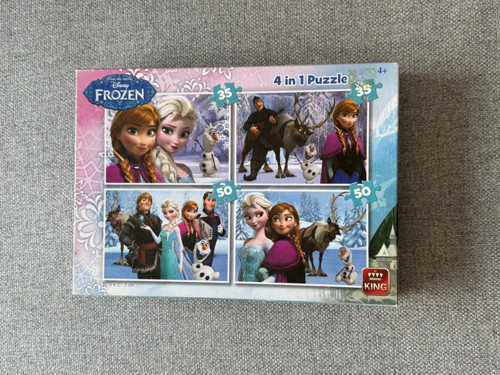 185. Puzzel - King - Disney - Frozen 4 in 1 puzzel, Ophalen of Verzenden, Meer dan 50 stukjes, Zo goed als nieuw, 4 tot 6 jaar