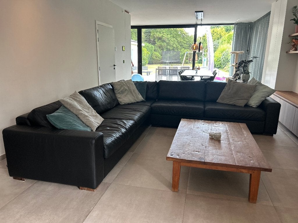 zetel / hoekbank zwart leder, Huis en Inrichting, Ophalen, Gebruikt