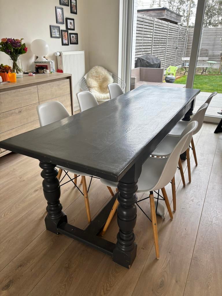 Houten tafel en 6 stoelen, Huis en Inrichting, Ophalen, Gebruikt, 200 cm of meer, Geschilderde houten tafel