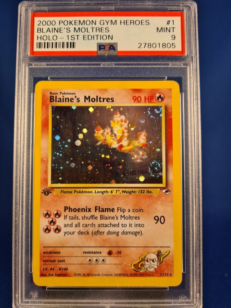 Blaine's Moltres 1/132 - Gym Heroes (1st edition) (PSA 9), Envoi, Utilisé