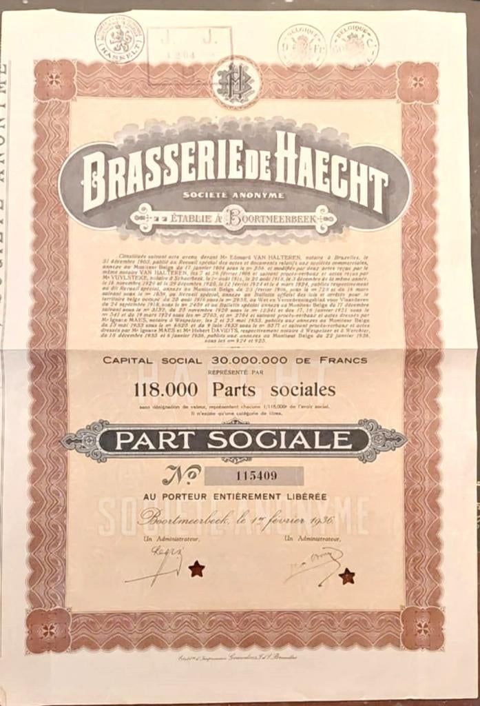 Brouwerij Haeght Boortmeerbeek aandeel, Verzamelen, Ophalen of Verzenden, Gebruikt, Overige typen