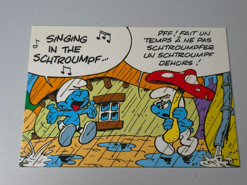 Ancienne carte postale Schtroumpf sous la pluie, Envoi, Comme neuf, Différents Schtroumpfs, Autres types