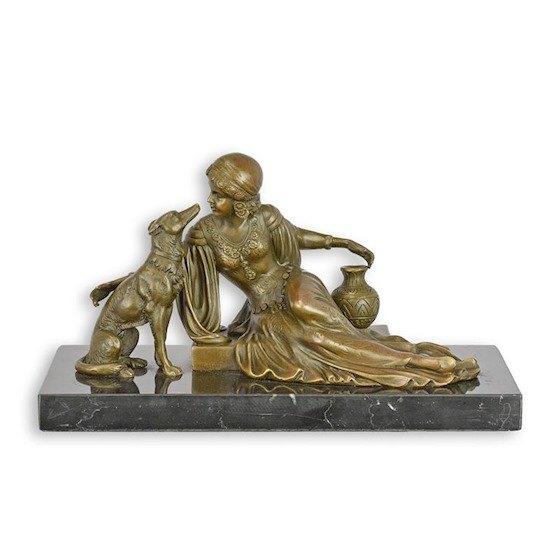 brons beeld dame met hazewindhond, Antiquités & Art, Art | Sculptures & Bois, Enlèvement ou Envoi