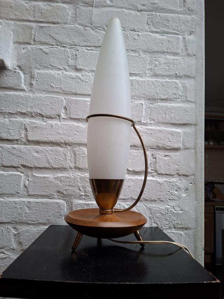 Lampe table tripode Philips, opaline/teck, milieu du siècle, Moins de 50 cm, Enlèvement ou Envoi, Verre, Utilisé