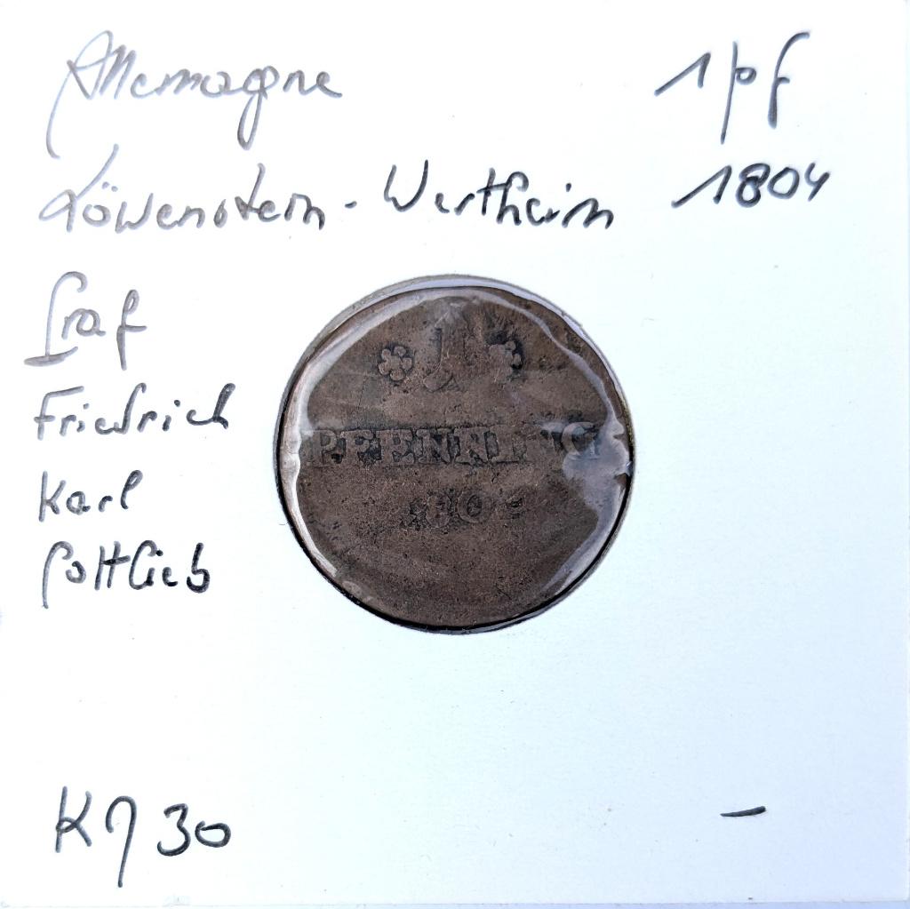 Munt Duitsland Löwenstern Wertheim: 1 Pfennig 1804, Ophalen of Verzenden, Duitsland, Losse munt