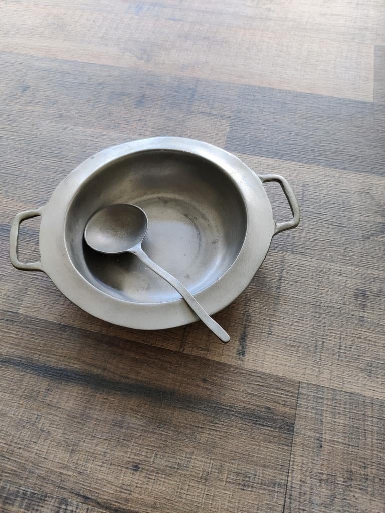 Tinnen schotel met lepel/ 18 cm, Antiek en Kunst, Ophalen