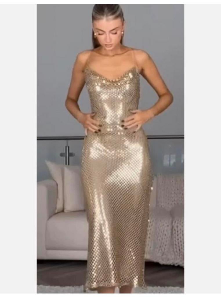 Zara Mesh Slip Midi Dress Gold Goud Metallic M NIEUW Jurk, Kleding | Dames, Maat 38/40 (M), Galajurk, Overige kleuren, Nieuw