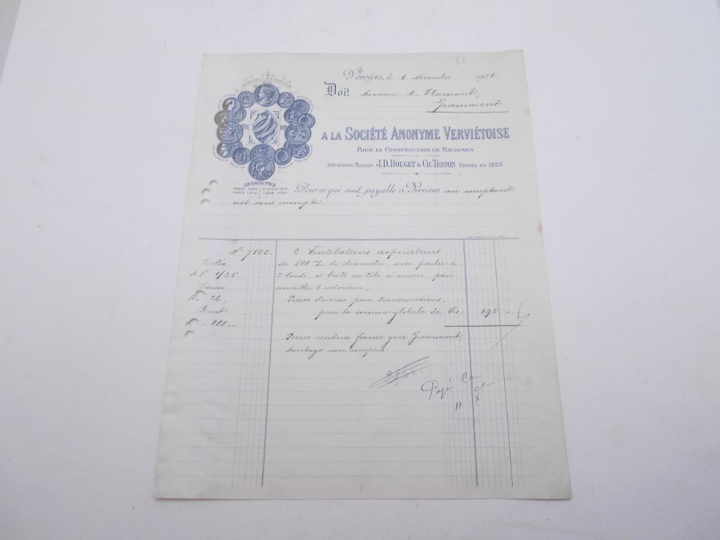 ancienne facture Verviers 1908 SA Verviétoise anc Houget Tes, Enlèvement ou Envoi