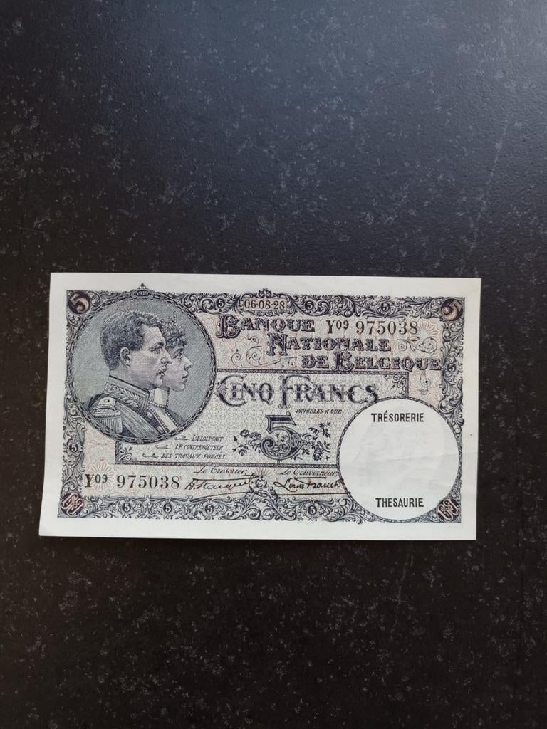 5 Francs 06-08-1928 AUNC kwaliteit Stacquet-Franck, Ophalen of Verzenden, Los biljet