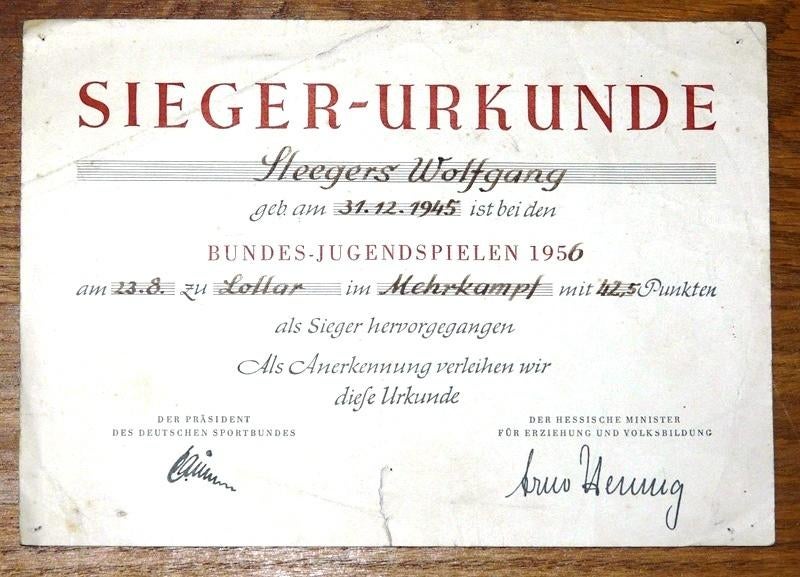 Oorkonde, Winnaar Mehrkampf Bundes-Jugendspielen Lollar 1956, Verzamelen, Ophalen of Verzenden, Gebruikt, Overige typen