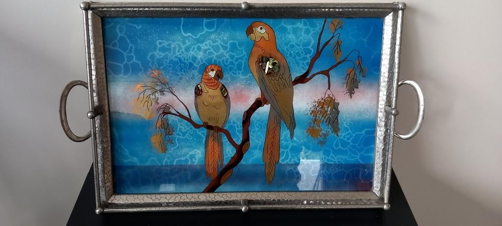 Ancien plateau en verre et métal décor de perroquets, Maison & Meubles, Enlèvement ou Envoi, Utilisé, Métal