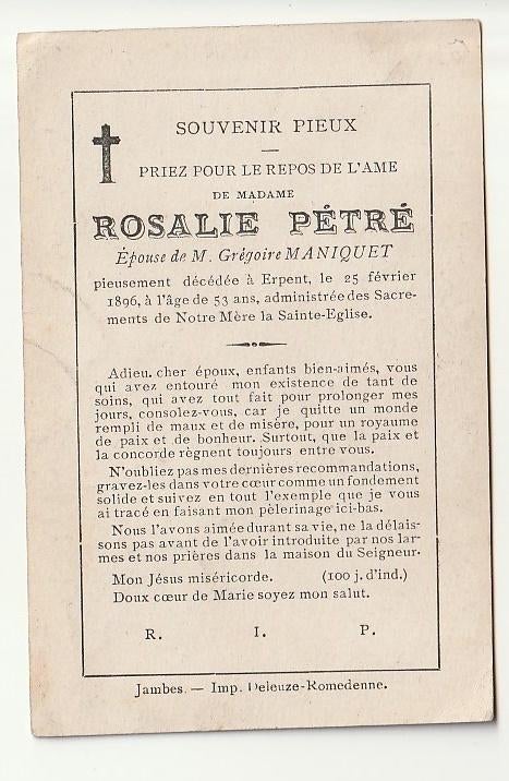 Décès Rosalie Petré épouse Grégoire Maniquet Erpent 1896, Collections, Envoi, Image pieuse