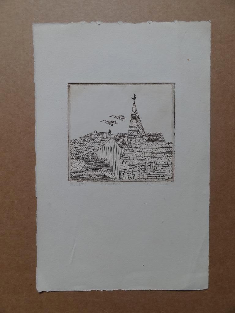 gravure « Migration » de N.Letu 1977 E.A,  image 9 x 10 cm, Envoi
