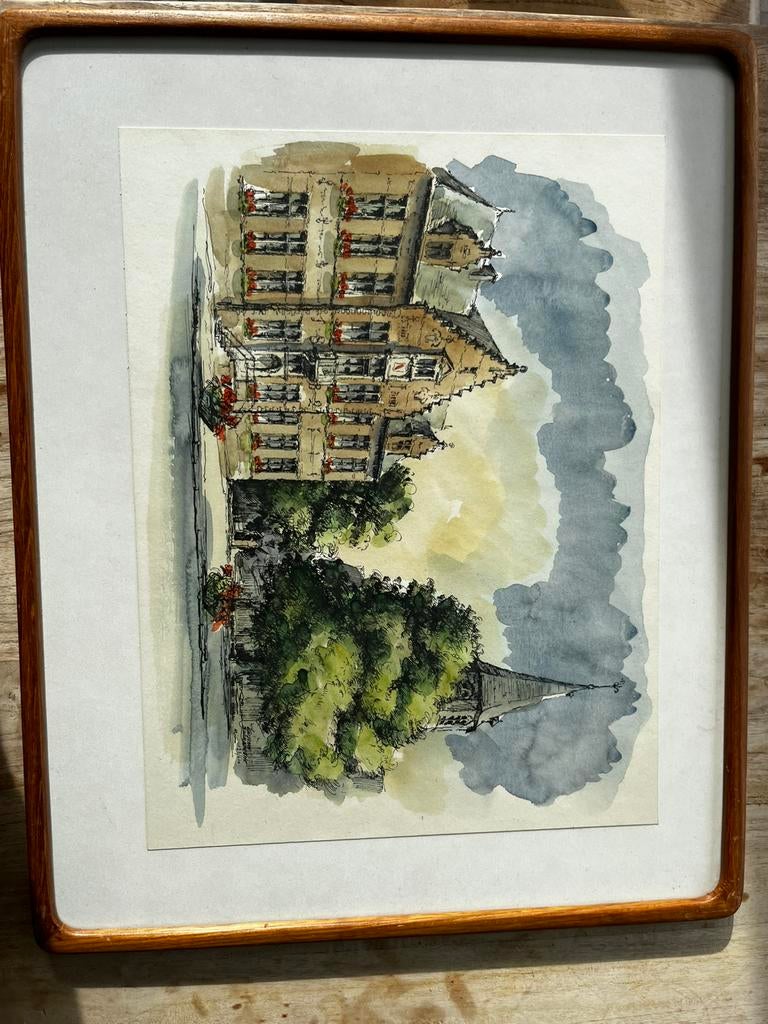 Origineel aquarel stadhuis Oostkamp, Antiek en Kunst, Kunst | Litho's en Zeefdrukken, Ophalen